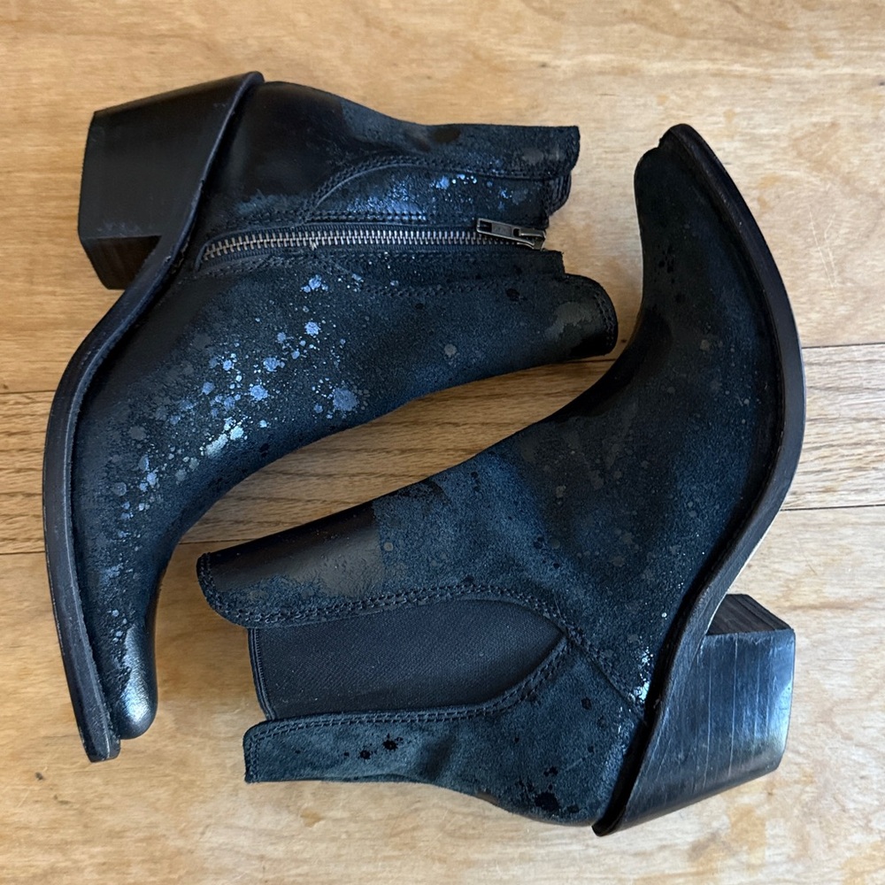 Liberty Black, Handmade Abstract Print Black Leather Booties W/ 2.75” Heel. 8